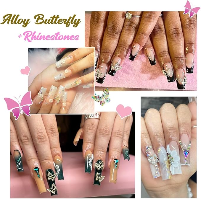 Butterfly Nail Charms, 58pcs 3D Golden Silver Butterfly Charms for Acrylic Nails, 14 Butterflies Nail Rhinestones Gems Charms +44 Alloy Studs, Nail Art Crystals Diamonds Decor Supplies for Nails DIY