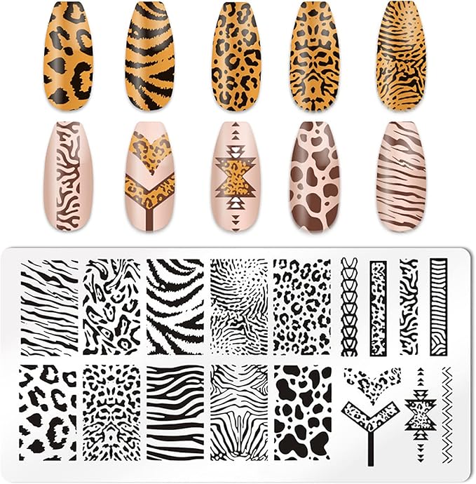 5Pcs Leopard Print Nail Stamp Nail Stamping Plates Nail Art Stamping Plates Nail Design Stamp Nail Plate Template Nail Art Accessories Tools with 1 Nail Stamper, 1 Scraper