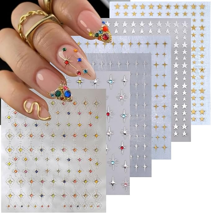 6 Sheets Star Nail Art Stickers Glitter Rhinestones Star Nail Design Stickers Gold Silver Nail Decals Colour Gems Nail Decor 3D Self Adhesive Starlight Nail Art Supplies for Women DIY Manicure