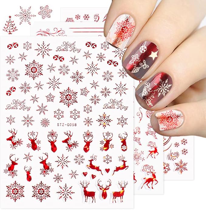 9 Sheets Christmas Nail Art Stickers Decals Self-Adhesive Pegatinas Uñas Navidad Holiday Red Xmas Snowflake Winter Nail Supplies Nail Art Design Decoration Accessories