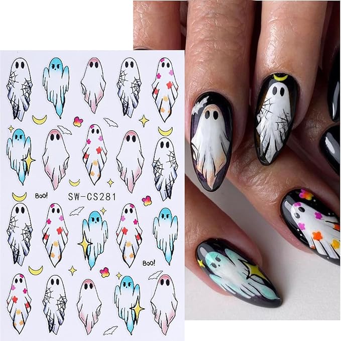 8Pcs Halloween Nail Stickers Cute Rabbit Ghost Nail Decals 3D Self Adhesive Pumpkin Spider Web Design Fall Nail Art Stickers Horror Ghost Nails Supplies French Sticker for Holiday Manicure Decoration