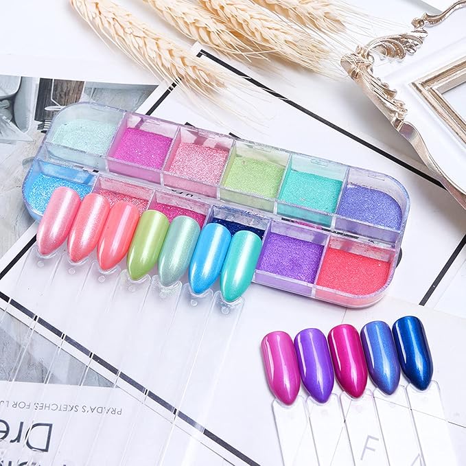 12 Colors Nail Powder Holographic Pearl Color Aurora Pigment Nail Art Glitter Dust Design Women Girls Manicure Tips Charms Decoration 3D Nails Supplies for Nail Art Gel Polish Dipping Liquid Powders
