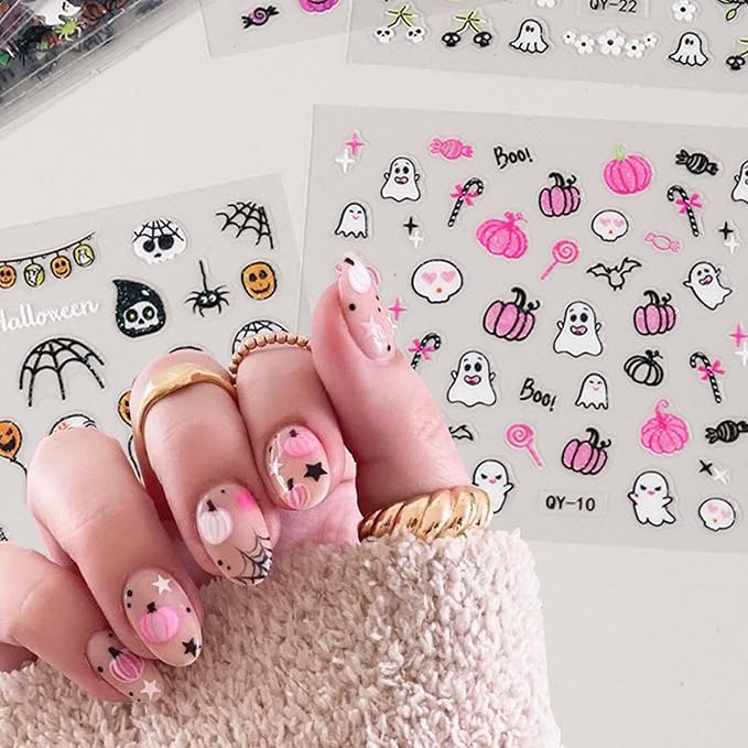 30Sheets Halloween Dark Style Nail Art Sticker 3D Halloween Ghost Bat Nail Stickers Pumpkin Spider Nail Design Slider Multi-Elements Halloween Sticker Decal for Acrylic Nails Manicure Accessory Decor
