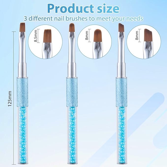 Pearl Blue Nail Art Clean Up Brushes for Cleaning Polish Mistakes on the Cuticles, Acetone Resistant Nail Brush, Fingernail Cleaning Brushes for Nail Art and Designs (Round&flat&Bevel)