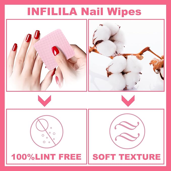 NXJ INFILILA Lint Free Nail Wipes, 1000PCS Non-Woven Fabric Dry Nail Prep Wipes, Absorbent Acetone Nail Polish Remover Lash Extensions Glue Nail Cleaning Pads for Salon Supplies (Pink)