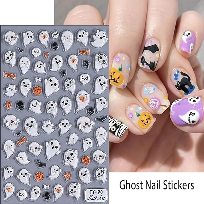 2Sheets 5D Cute Ghost Nail Art Stickers Embossed Cartoon Skull Bat Pumpkin Nail Decals Spooky Halloween Nail Stickers Fall Holiday Nail Design Decals Decoration for Women DIY Manicure Supplies