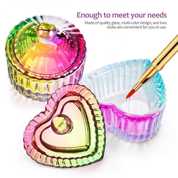 Dappen Dish Vibrant Color Round/Heart Shaped Dishes Set of 2 Glass Dish Bowls with Lids Nail Art Storage for Liquids Nail Tech must Haves