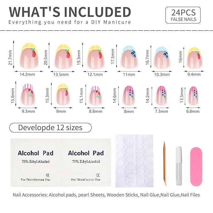 Summer Fruit Press On Nails Oval Shape, Colorful Striped Fake Nails with Cute Cherry Grape Orange Blueberry Designs, Glossy Gel Finish Acrylic Reusable Glue On Nails for Women, 24 Pcs