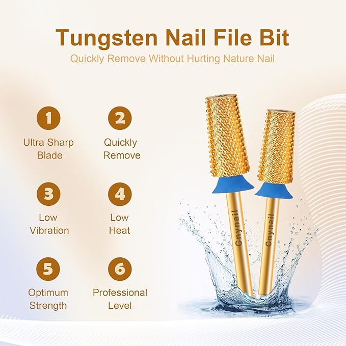 3/32" Large Tapered Barrel Flat Bit Tungsten Carbide Nail Drill Bit Safety Bit for Gel & Acrylic Removal, 2- Way Rotating Efile Tip, Salon Electric File Accessory (M Girt, Gold)