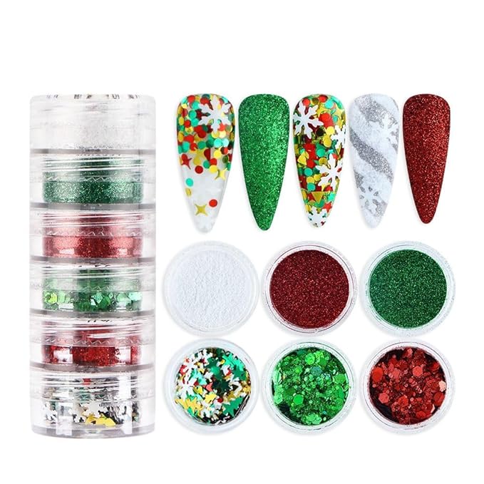 Christmas Nail Art Glitters Sequins, 12Boxes Winter Nail Art Decoration Flakes 3D Snowflake Nail Decals Red Green Nails Art Designs Holographic Christmas White Snowflake Glitters for Nails Decorations