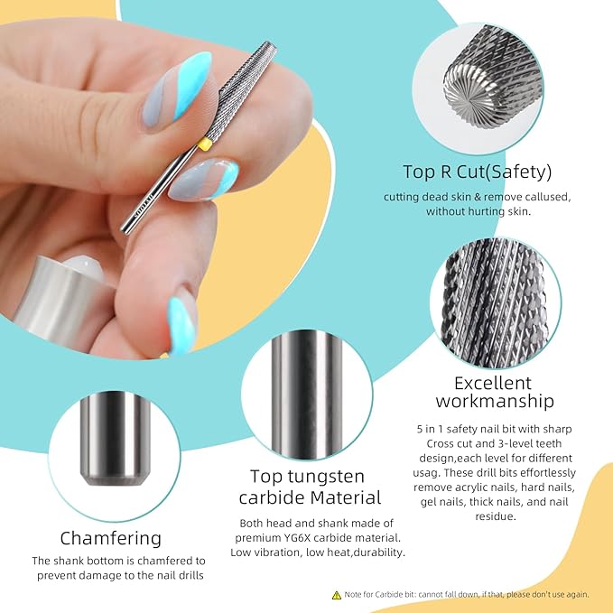 24mm Super Long 5 in 1 Nail Drill Bits, Cross Tapered Carbide Bit, 3/32" Two-way Rotate for Both Hand, Remove Acrylic Nails/Gel, Electric File Tool Drills Manicure Accessories (XF)