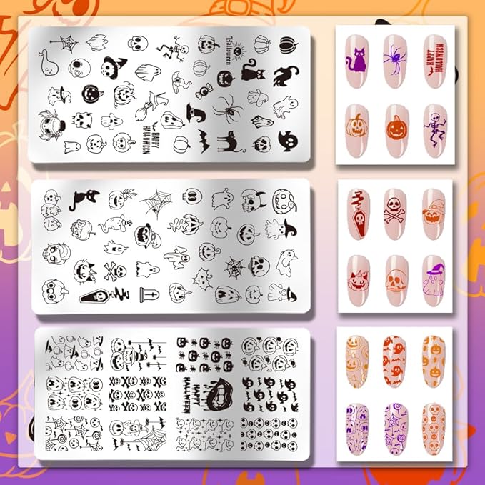PH PandaHall Halloween Theme Nail Art Plates 3pcs Skull Ghost Witch Pumpkin Nail Stamping Plate Image Plate Art Design Stamp Templates for DIY Print Manicures Salon Design