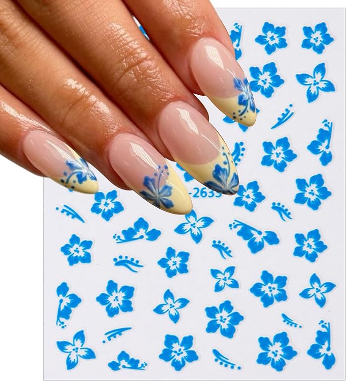 8Sheets Color Flower Nail Stickers 3D Hollow Out Hibiscus Nail Decals Pink Yellow White Floral Designs Summer Cute Flowers Decals Pegatinas Uñas for Women Girls DIY Manicure Decoration Accessories