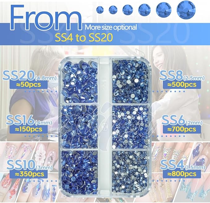 2550pcs Light Blue Nail Art Flatback Rhinestones for Face Makeup Sky Blue Nail Gems Gemstones K9 Glass SS4~SS20 6 Sizes Dark Blue Diamonds Stones w Tweezer & Picking Pen for Nails DIY Crafts