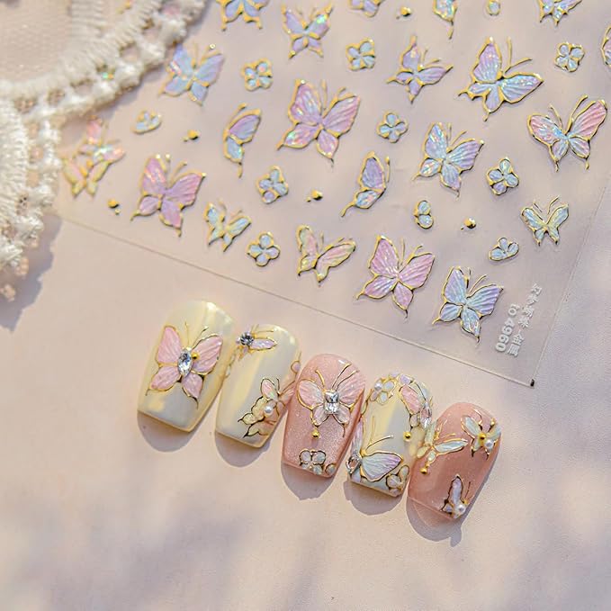 1 Sheet Gradient Butterfly Nail Stickers, Hot Stamping Design Butterfly Nail Decals, 5D Embossed Self-Adhesive Nail Design Stickers for Women DIY Spring Manicure Decoration