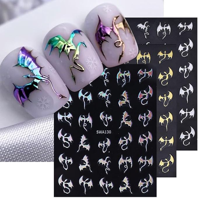 6 Sheets Halloween Nail Stickers 3D Self-Adhesive Dragon Nail Art Stickers Glitter Laser Gold Bat Design Horror Gothic Nail Decals Nail Art Supplies for Women Acrylic Manicure Decorations