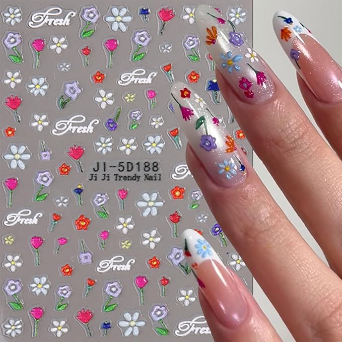 3Pcs Colorful Flower Nail Art Stickers 5D Self Adhesive Floral Nail Decals Embossed Daisy Nail Stickers Tulip Rose Nail Design Supplies Spring Summer Decoration Accessories for Women DIY Manicure