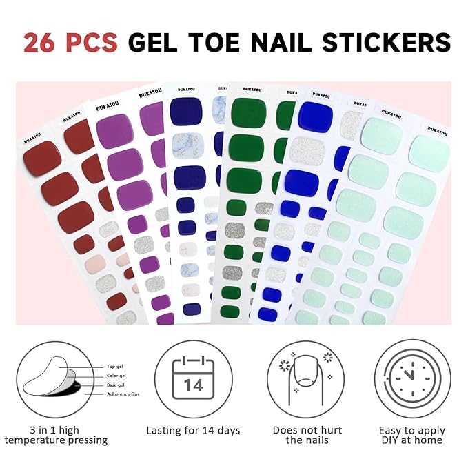 Semi Cured Gel Toe Nail Strips,26 Pcs Toes Nail Stickers Wraps(Mint Green),UV Light Required,Easy to Apply