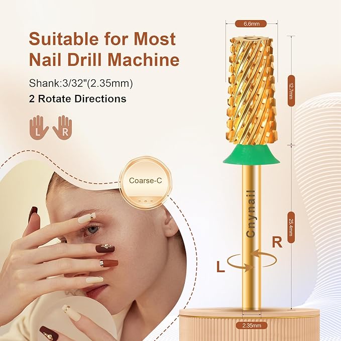 3/32" Large Tapered Barrel Flat Bit Tungsten Carbide Nail Drill Bit Safety Bit for Gel & Acrylic Removal, 2- Way Rotating Efile Tip, Salon Electric File Accessory (C Girt, Gold)