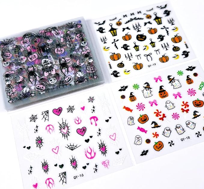 30Sheets Halloween Nail Art Stickers Cute Ghost Pumpkin 3D Self-Adhesive Nail Decals Bat Cat Skull Designs Nail Decorations Halloween DIY Manicure Supplies for Women