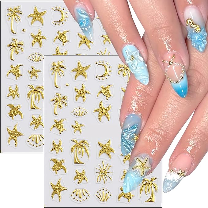 2Pcs Summer Nail Stickers for Nails Art 5D Gold Ocean Nail Decals Self Adhesive Tropical Starfish Sea Turtle Coconut Tree Nail Design Sticker Summer Beach Nails Art Stickers Accessories for Women DIY