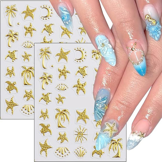 2Pcs Summer Nail Stickers for Nails Art 5D Gold Ocean Nail Decals Self Adhesive Tropical Starfish Sea Turtle Coconut Tree Nail Design Sticker Summer Beach Nails Art Stickers Accessories for Women DIY