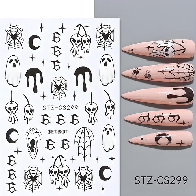 Halloween Nail Art Stickers, Cute Ghost Nail Art Decals 3D Self-Adhesive Spider Bat Pumpkin Stars Skull Spider Web Nail Design 8Pcs Halloween Nail Art Supplies for Women Nail Decoration