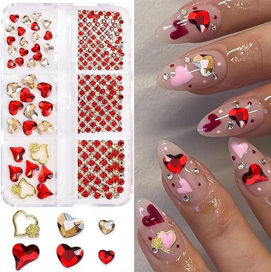 767Pcs Valentine's Day Nail Art Charms Gold Red Heart Rhinestones for Acrylic Nails Gems for Women Girls DIY Manicure Decoration