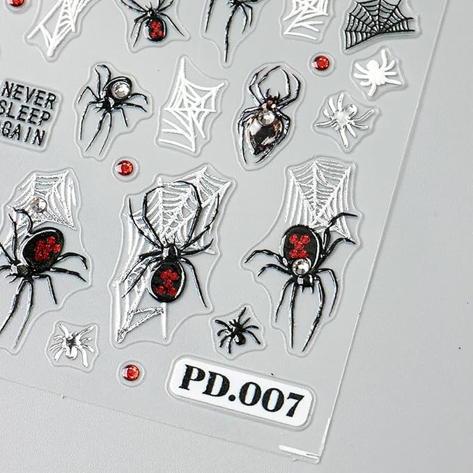 2 Sheets Spider Nail Decals for Nail Art Embossed Halloween Nail Stickers with Rhinestones Designs 5D Horror Spider Nail Art Stickers Self-Adhesive Halloween Holiday Nail Supplies for Women