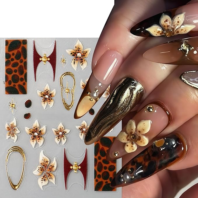 3 Sheets Brown Leopard Print Nail Stickers 5D Embossed Floral Nail Decals Exquisite Line Fall Brown Leopard Print Flower Nails Design Gold Stars Nails Supplies for Women Autumn Winter Manicure Decor