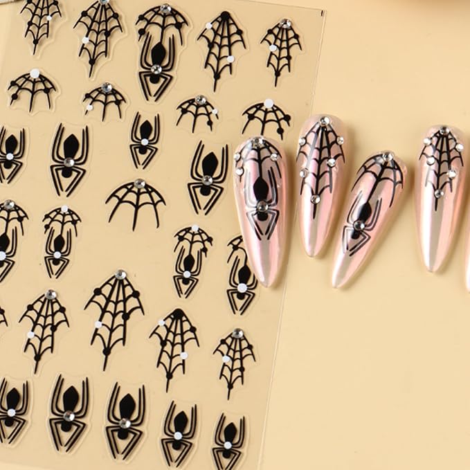 Halloween Nail Stickers Spider Web 5D Embossed Self-Adhesive Nail Decals with Rhinestones Cute Black Bow-Knot Spider Web Pattern Nail Art Designs for Halloween Party DIY Manicure Decorations 3 Sheets
