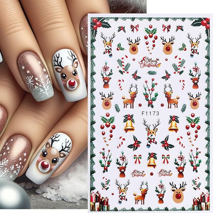 Christmas Nail Art Stickers 3D Deer Holly Bell Christmas Nail Stickers 6PCS Santa Claus Xmas Tree Snowman Snowy Tree Design 3D Self-Adhesive Xmas Nail Decals Nail Art Supplies for Women DIY Nail Salon
