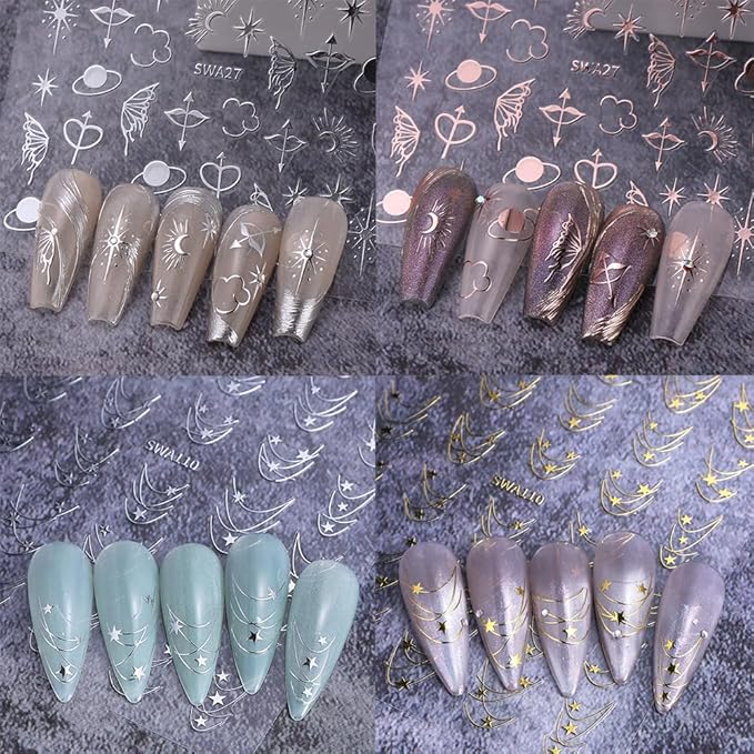 6 Sheets Star Nail Stickers for Nail Art, 3D Self-Adhesive Nail Decals, Moon Butterfly Nail Supplies Nail Art Design Accessories for Women Girls Manicure DIY Decoration
