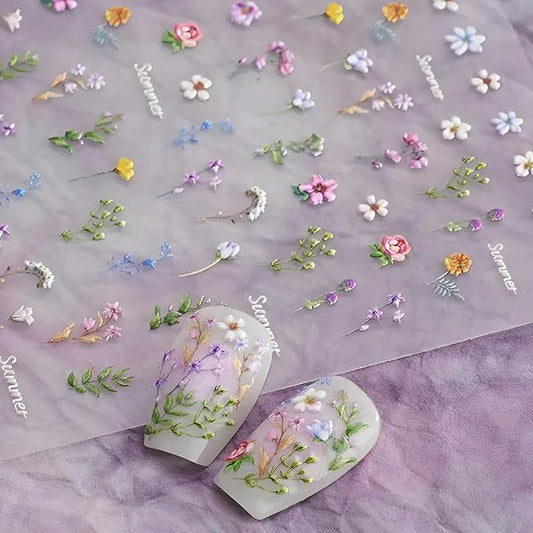 Flower Nail Art Stickers Decals 5D Embossed Self Adhesive Flower Nail Stickers for Nail Art Spring Summer Nail Decals Colorful Floral Nail Supplies Decoration for Women and Girls 2 Sheets