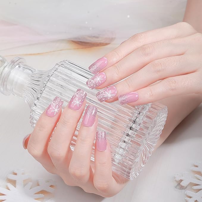 Christmas Semi Cured Gel Nail Strips, 16 Pcs Winter Xmas Gel Nail Stickers Snowflake Designs Glitter Wraps for UV/Led Manicure Lamp Nails Art Decorations