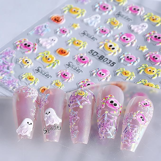 2 Sheets Halloween Nail Art Stickers 5D Embossed Cute Ghost Nail Decals Self-Adhesive Pink Yellow Spider Nail Sticker Star Pumpkin Spider Web Nail Decal for Women DIY Nail Design Supplies