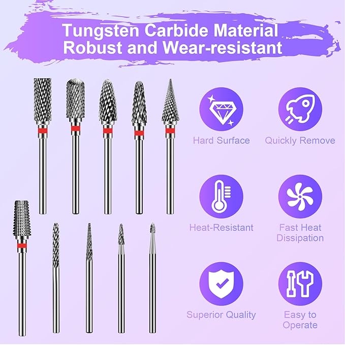 Diesisa 10PCS Nail Drill Bits Set - Tungsten Carbide Nail Bits for Acrylic Nails - 3/32" Shank Drill Bits Professional Electric Nail Bits For Nail Drill - Removal Bit Nail Drill for Home Salon-Red
