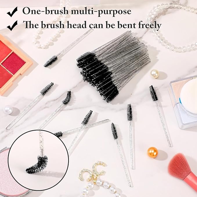 (400+300 Pieces) Black Crystal Handle - 400 Cotton Swabs + 300 Brushes for Lash Extensions, Makeup (Simple Packaging)-(Crystal Black)