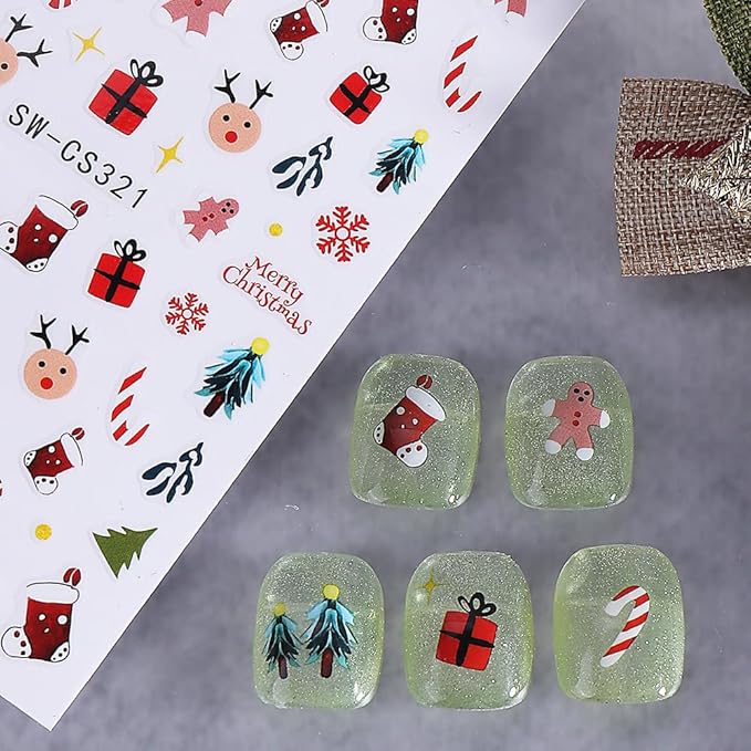 Christmas Nail Art Stickers 3D Self-Adhesive Cute Elk Gift Xmas Nail Decals Nail Art Supplies 6PCS Deer Candy Cane Gingerbread Man Cartoon Christmas Nails Design Manicure Slider Accessories for Women