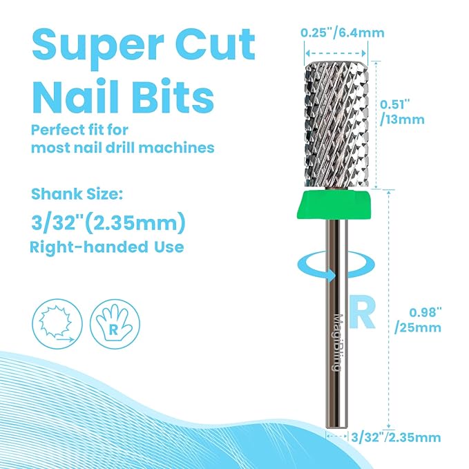 Super Cut Large Barrel Nail Drill Bits for Professional Users, 3/32'' Tungsten Carbide Bits, Upward Deep Cut for Removing Hard Gel Fast, Right Hand Use, Manicure Cuticle Gel Polishing, Coarse.