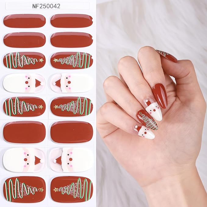 Christmas Semi Cured Gel Nail Strips, 16 Pcs Winter Xmas Gel Nail Stickers Christmas Tree Santa Claus Designs Red Wraps for UV/Led Manicure Lamp Nails Art Decorations