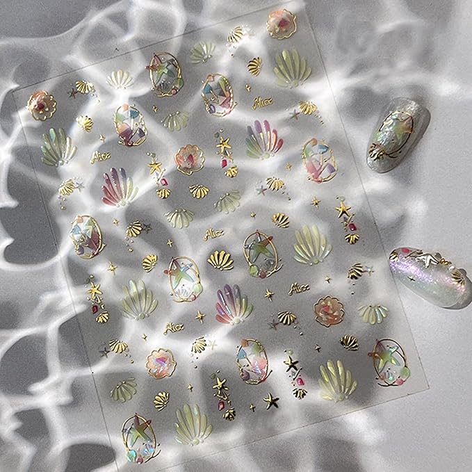 Summer Nail Art Stickers Extra Shiny 5D Self-Adhesive Shell Starfish Nail Decals Gold Star Shell Design Summer Beach Ocean Nail Supplies for Women Manicure Decorations Exquisite Cardboard Set 1 Sheet