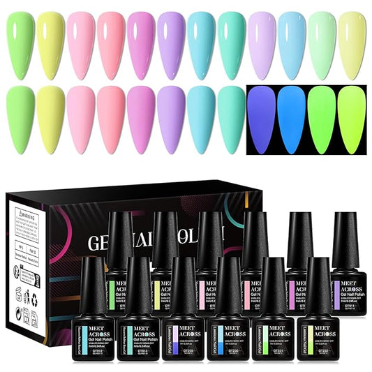 MEET ACROSS 12PCS Gel Nail Polish Set, 12 Colors Gel Nail Kit Art Design Soak Off UV LED,Nail Art Design Gifts for Women (SET-12, 12PCS)