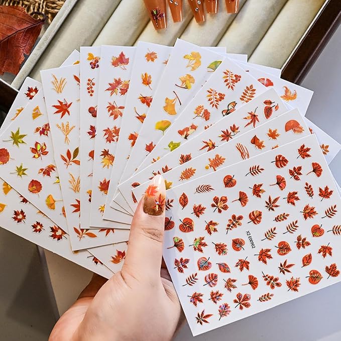 Autumn Nail Art Stickers Maple Leaf Nail Decals Fall Leaves Nail Stickers for Nails Art Mixed Leaf Red Yellow Orange Nut Wheat Design Thanksgiving Nail Sticker for Women DIY Manicure Decor 12 Sheets