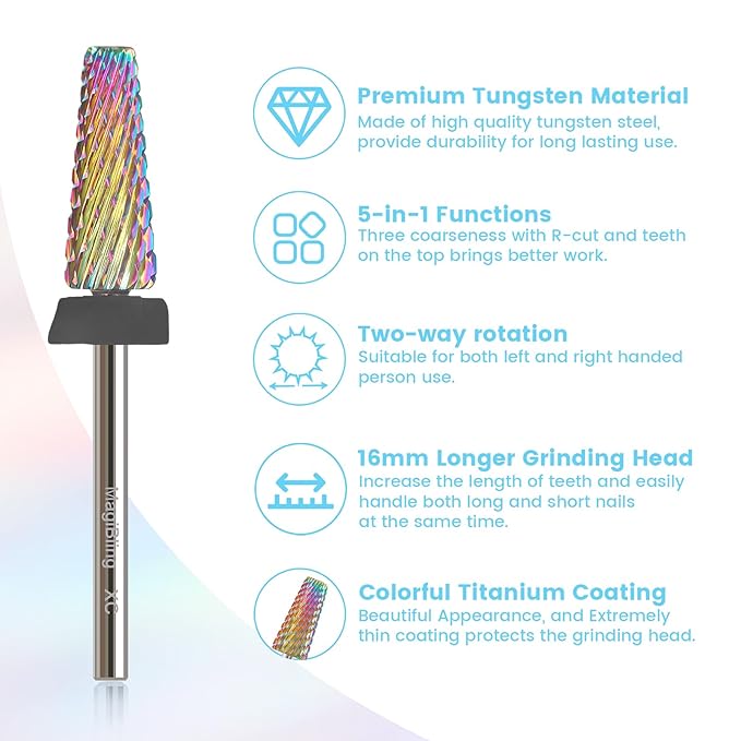 XC 5 in 1 Nail Drill Bits, 16mm Tapered 3/32'' Professional Tungsten Carbide Bits for Efile, 2 Rotation for Electric Drill, Remove Thick Gel Acrylic Fast, Technicians Bits, Extra Coarse.