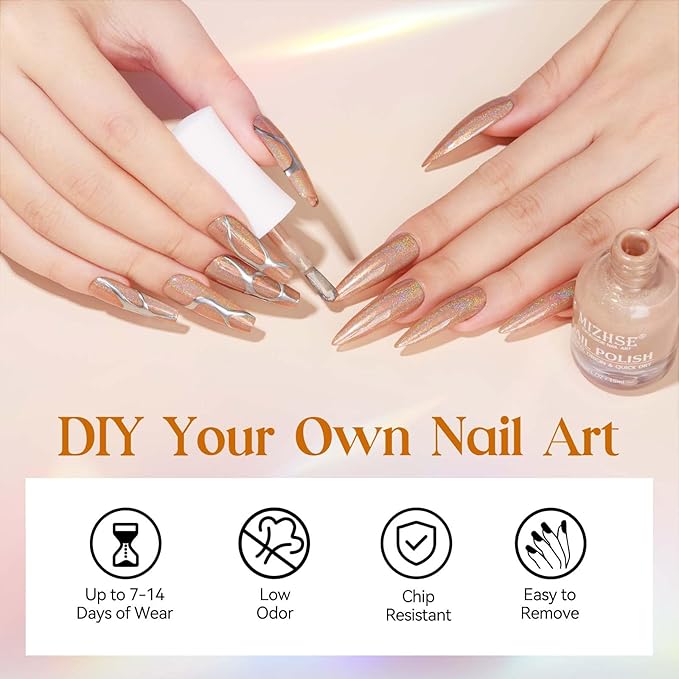 MIZHSE Holographic Nail Polish, Light Brown Shimmery Nail Polish Non Gel, Air Dry Fast Glossy Shiny Nail Pigment Oil-based Laser Iridescent Chrome Nail Art Salon Manicure Home