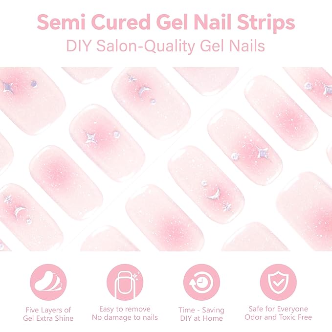 Semi Cured Gel Nail Strips-Semi Cured Gel Nails Celestial Design Nude Pink Shimmer with Gold Stars & Moons, Long Almond Press on Nails, Whimsical Manicure(Shooting Star)