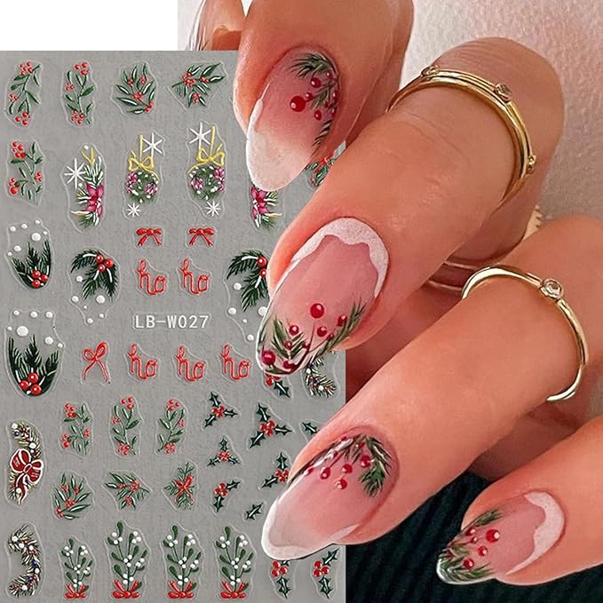 Christmas Nail Art Stickers Winter Nail Decals Snowflake Nail Stickers for Nail Art Cedar Green Red Christmas Tree Design 3D Self Adhesive Nail Sticker for Women Decor Holiday Accessories 4 Sheets
