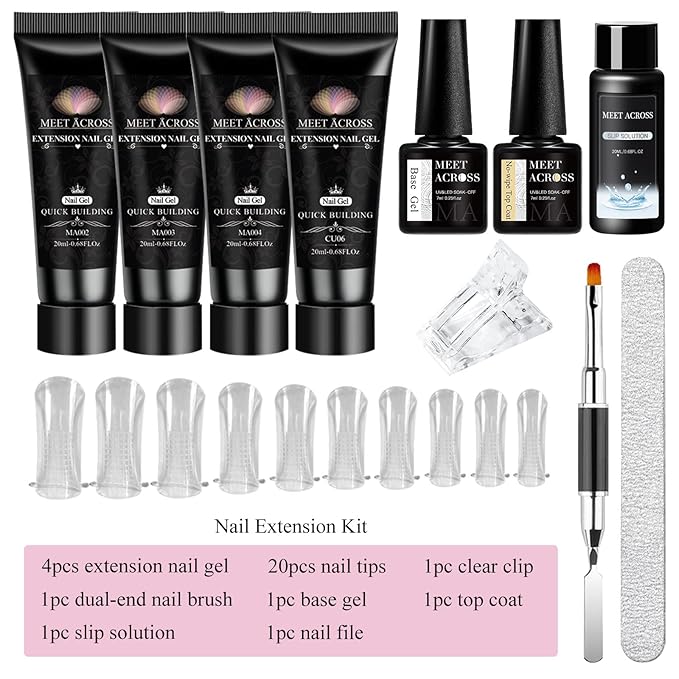 MEET ACROSS Poly Nail Gel 10Pcs Nail Extension Gel Set and Nail Extension Starter Kit for Beginners Nail Art DIY Home Gifts for Women (White/Pink, 12pcs)