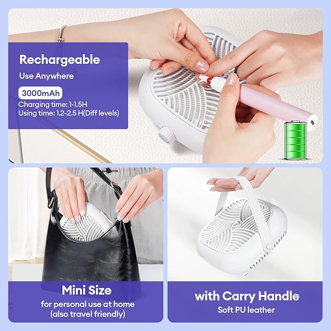 Mini Rechargeable Nail Dust Collector, Small Quiet & Cordless Vacuum Nail Tech Fan Dust Collector, 60° Standing Design for Nail Art, 600Pa, Low Noise, Salon and Home Use
